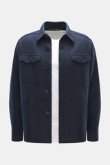 Front view of Harris Wharf London Cashmere overshirt navy melange in pure cashmere, knitted and felted quality, very soft touch, raw-edge finish, slim fit, five-button placket, turn-down collar, patch chest pockets with flap, angled welt pockets, sports c