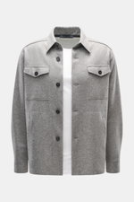 Harris Wharf London Cashmere overshirt grey melange shown front view, pure cashmere, knitted and felted, soft touch, raw-edge finish, slim fit, five-button placket, turn-down collar, patch chest pockets with flap, angled welt pockets, sports cuff, rounded