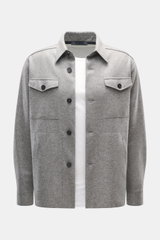 Harris Wharf London Cashmere overshirt grey melange shown front view, pure cashmere, knitted and felted, soft touch, raw-edge finish, slim fit, five-button placket, turn-down collar, patch chest pockets with flap, angled welt pockets, sports cuff, rounded