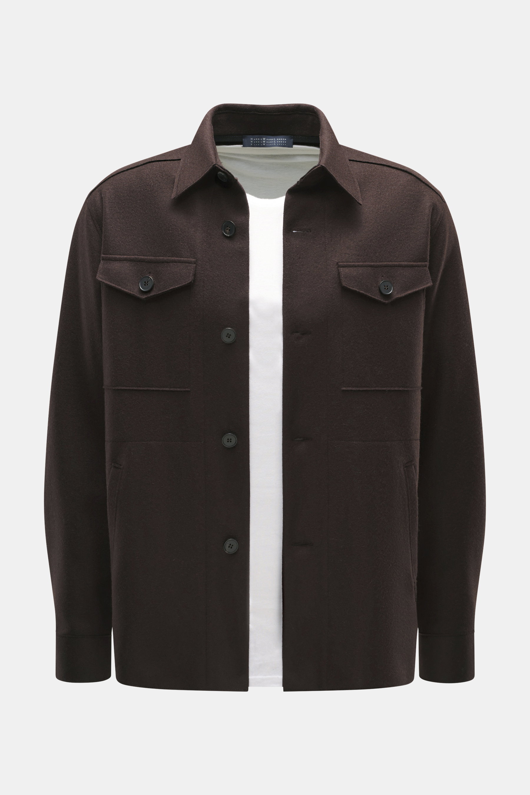 Front view of Harris Wharf London Cashmere overshirt dark brown in pure cashmere, knitted and felted quality, very soft touch, raw-edge finish, slim fit, five-button placket, turn-down collar, patch chest pockets with flap, angled welt pockets, sports cuf
