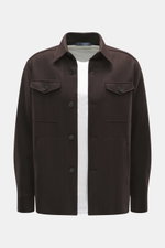 Front view of Harris Wharf London Cashmere overshirt dark brown in pure cashmere, knitted and felted quality, very soft touch, raw-edge finish, slim fit, five-button placket, turn-down collar, patch chest pockets with flap, angled welt pockets, sports cuf