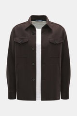 Front view of Harris Wharf London Cashmere overshirt dark brown in pure cashmere, knitted and felted quality, very soft touch, raw-edge finish, slim fit, five-button placket, turn-down collar, patch chest pockets with flap, angled welt pockets, sports cuf