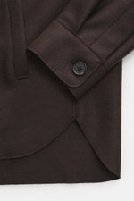 Harris Wharf London Cashmere overshirt dark brown shown from close-up front angle, pure cashmere, knitted and felted quality, very soft touch, raw-edge finish, slim fit, five-button placket, turn-down collar, patch chest pockets with flap, angled welt poc