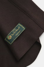 Harris Wharf London Cashmere overshirt dark brown shown from a close-up top view, pure cashmere, knitted and felted quality, very soft touch, raw-edge finish, slim fit, five-button placket, turn-down collar, patch chest pockets with flap, angled welt pock