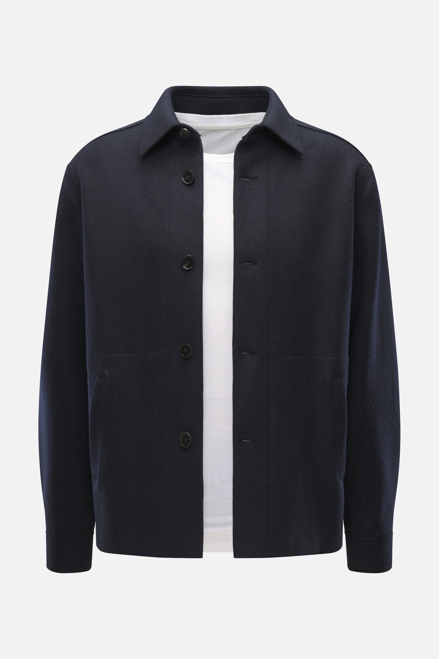 Front view of Harris Wharf London Overshirt navy, slim fit in a mix of virgin wool and cashmere, light soft quality, five-button style, turn-down collar, angled hip pockets, sport cuffs, unlined.