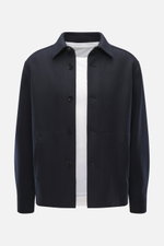 Front view of Harris Wharf London Overshirt navy, slim fit in a mix of virgin wool and cashmere, light soft quality, five-button style, turn-down collar, angled hip pockets, sport cuffs, unlined.