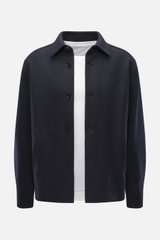 Front view of Harris Wharf London Overshirt navy, slim fit in a mix of virgin wool and cashmere, light soft quality, five-button style, turn-down collar, angled hip pockets, sport cuffs, unlined.