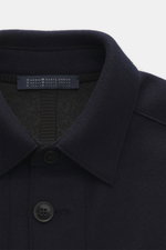 Close-up front view of Harris Wharf London Overshirt navy showing turn-down collar and button details, mix of virgin wool and cashmere, light soft quality, slim fit, five-button style, angled hip pockets, sport cuffs, unlined.