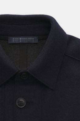 Close-up front view of Harris Wharf London Overshirt navy showing turn-down collar and button details, mix of virgin wool and cashmere, light soft quality, slim fit, five-button style, angled hip pockets, sport cuffs, unlined.