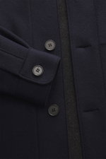 Close-up view of Harris Wharf London Overshirt navy showing slim fit, five-button style, turn-down collar, angled hip pockets, sport cuffs, unlined, made of light, soft mix of virgin wool and cashmere.