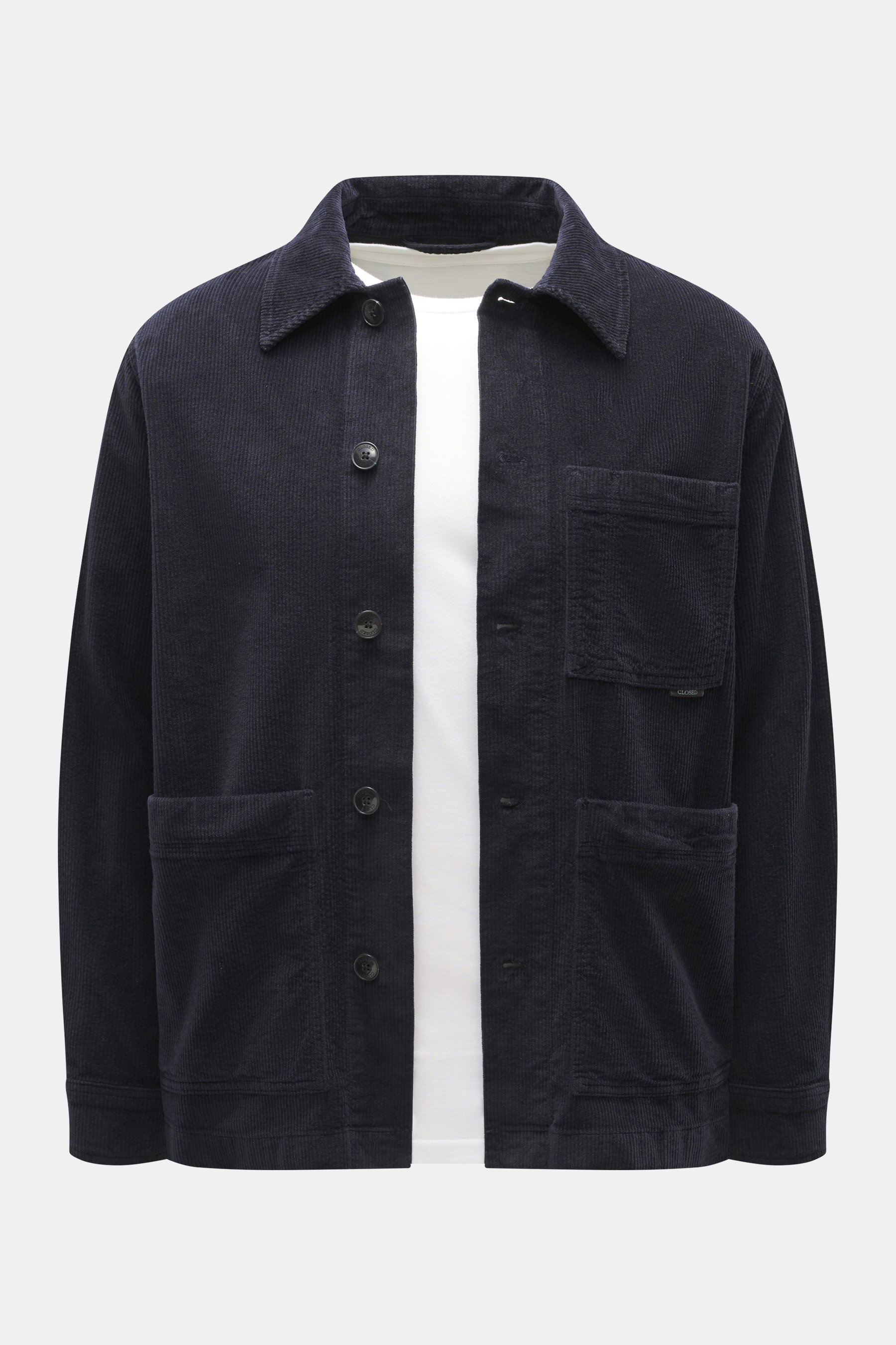 Closed Cord Overshirt 'Atelier' navy shown from front, cotton corduroy, slim fit with point collar, French button placket, three front pockets, and sport cuff.