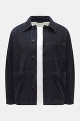 Closed Cord Overshirt 'Atelier' navy shown from front, cotton corduroy, slim fit with point collar, French button placket, three front pockets, and sport cuff.