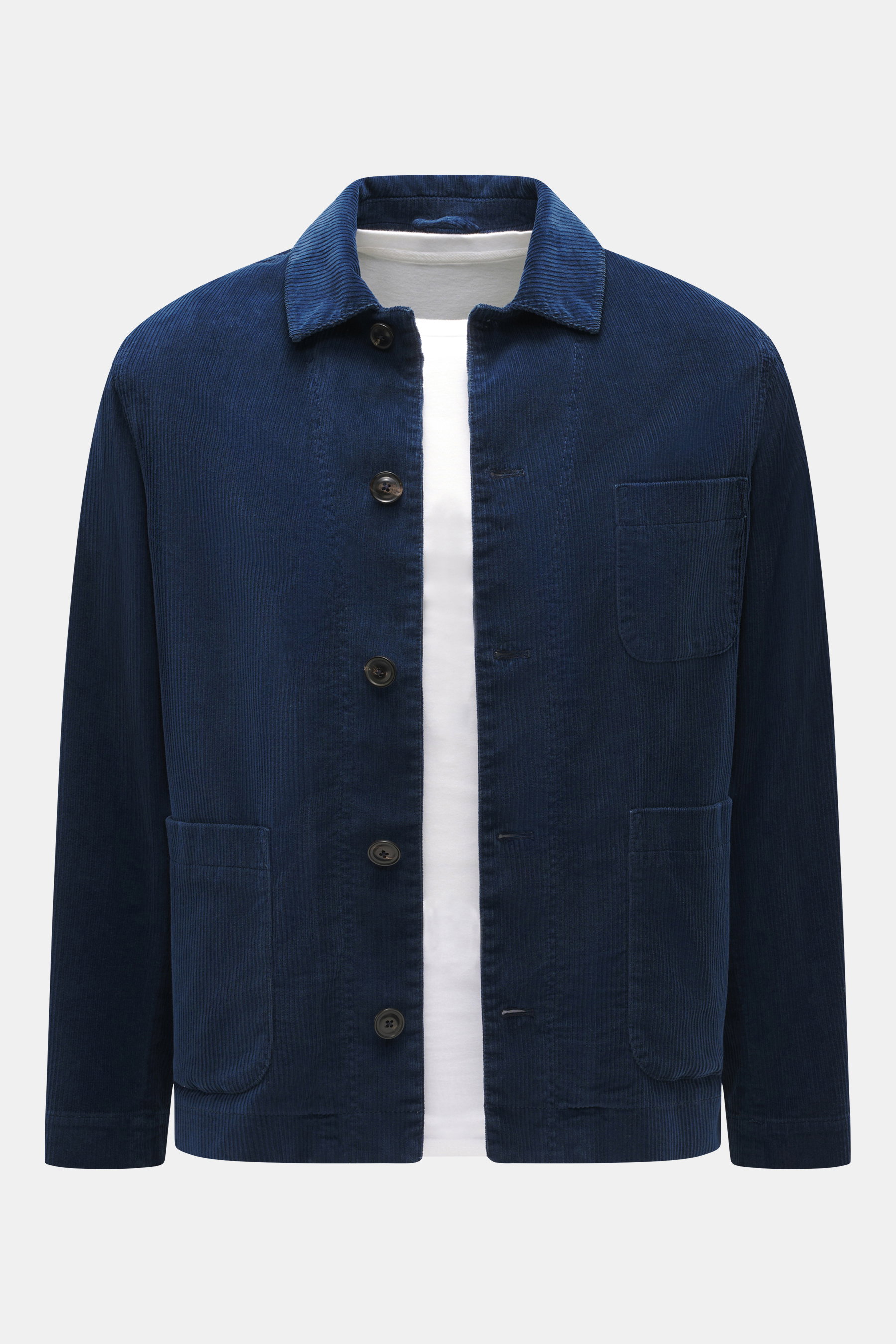 Circolo 1901 Cord-Overshirt dunkelblau, frontale Nahaufnahme, Slim Fit, Umlegekragen, französische Knopfleiste, Cord aus elastischer Baumwolle, softer Griff, aufgesetzte Brust- und Hüfttaschen, unconstructed Design, eine Innentasche.