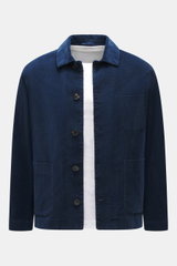 Circolo 1901 Cord-Overshirt dunkelblau, frontale Nahaufnahme, Slim Fit, Umlegekragen, französische Knopfleiste, Cord aus elastischer Baumwolle, softer Griff, aufgesetzte Brust- und Hüfttaschen, unconstructed Design, eine Innentasche.