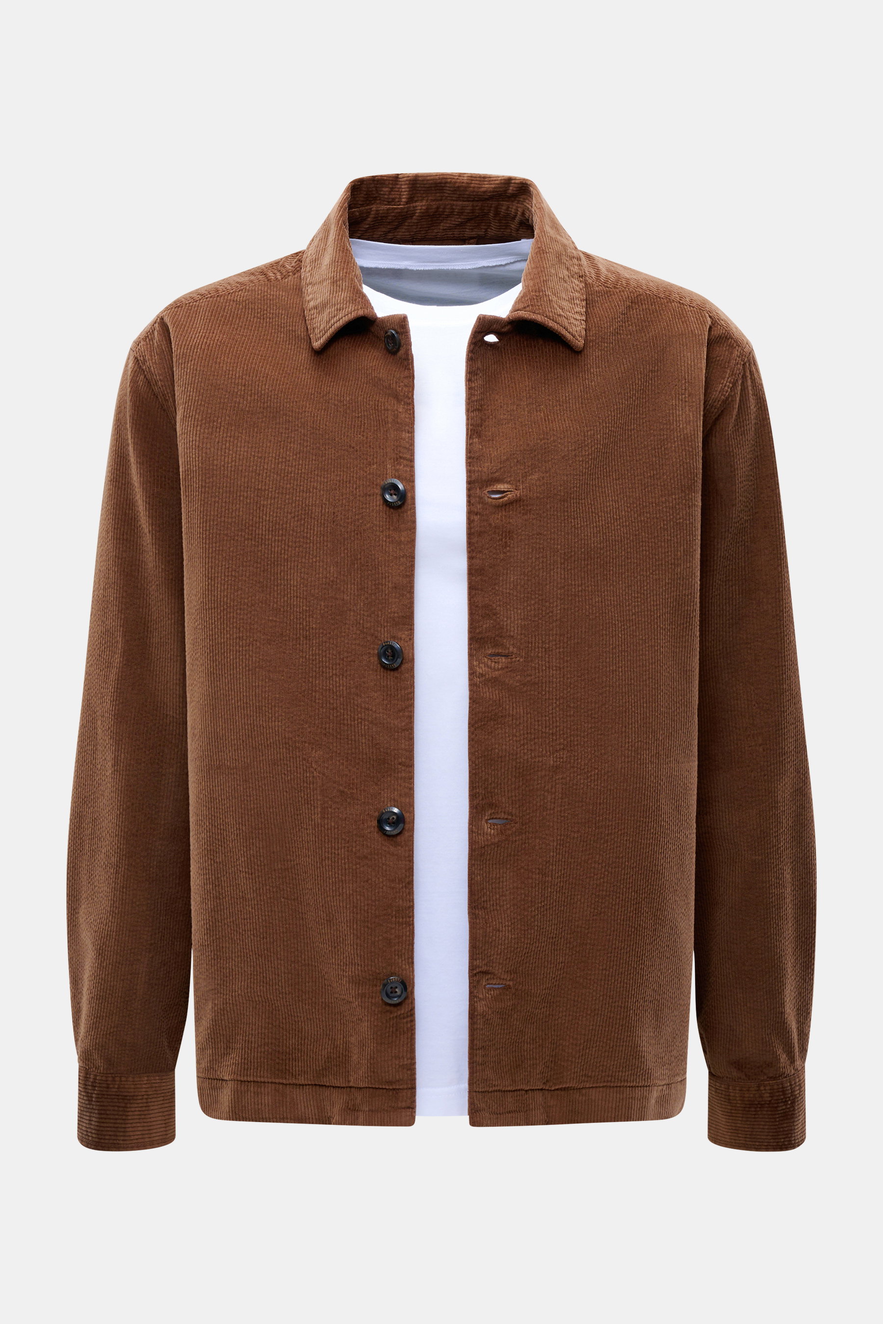 Vorderansicht des 04651/ A trip in a bag Cord-Overshirt braun aus Baumwoll-Cord, Slim Fit, leicht elastisch, soft, mit Umlegekragen, Fünf-Knopf-Leiste, Seitentaschen, klassischer Sportmanschette.
