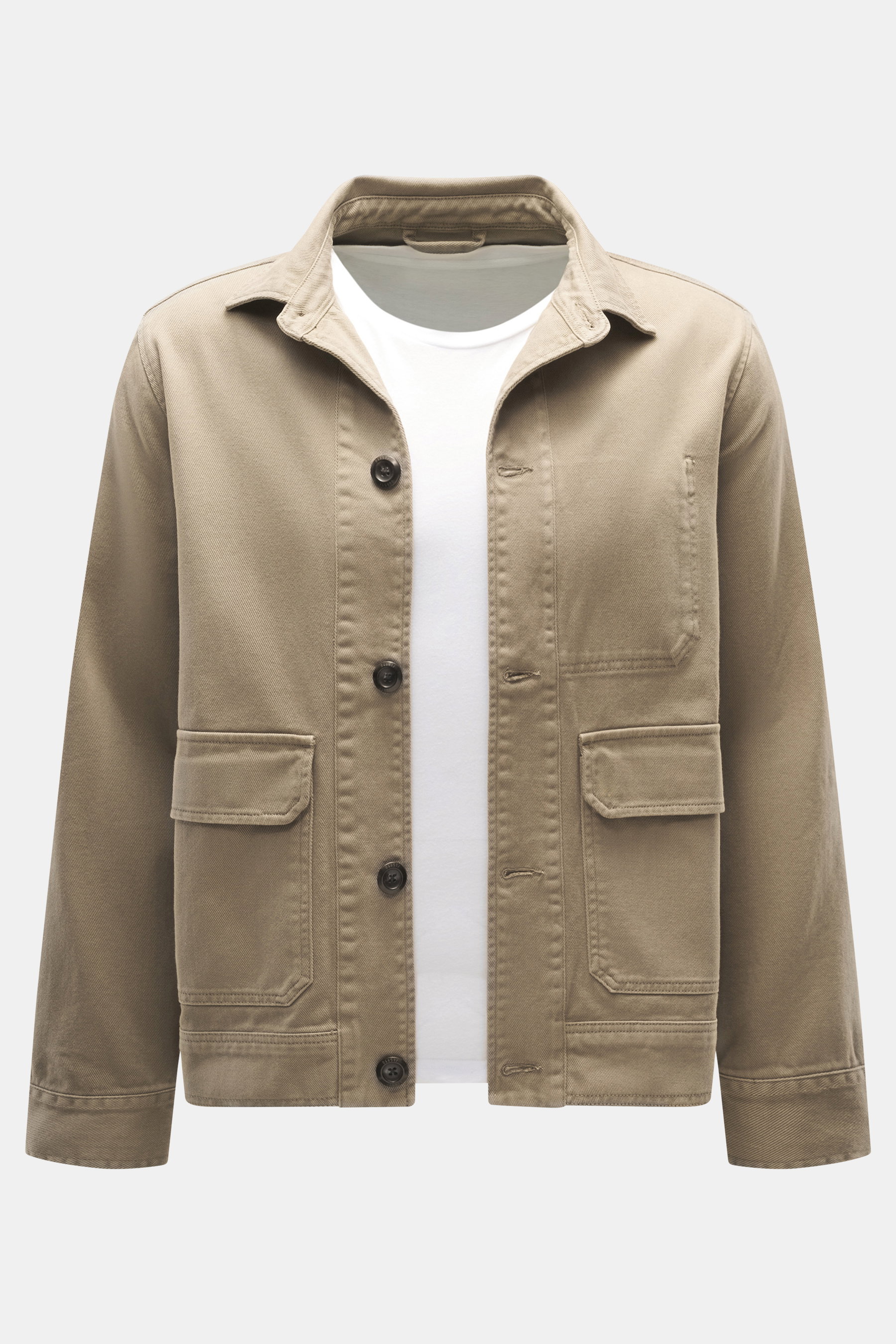 Vorderansicht des 04651/ A trip in a bag Overshirt 'Workwear Jacket' taupe aus reiner Baumwolle, Slim Fit, Umlegekragen, Fünf-Knopf-Leiste, aufgesetzte Brusttaschen, leicht griffige Haptik, Unconstructed Design.