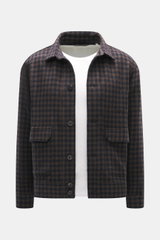 Frontansicht des 04651/ A trip in a bag Overshirt 'Workwear Jacket' navy/braun kariert mit Regular Fit, Karo-Webmuster, Baumwoll-Microfaser-Mix, sechs Knöpfen, Umlegekragen, Fronttaschen, Manschetten, Weblabel, Innentasche und weichem Griff.