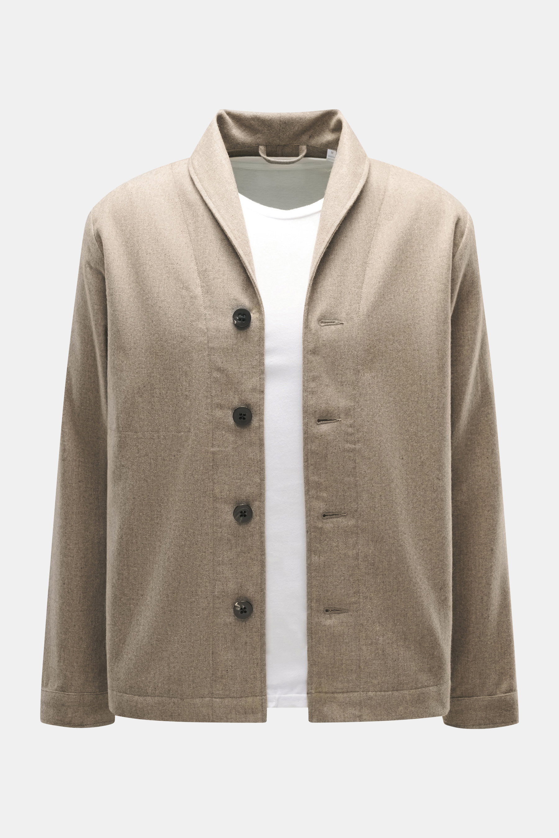Frontansicht des 04651/ A trip in a bag Overshirt beige meliert aus Wolle und Microfaser, Slim Fit, Schalkragen, Vier-Knopf-Leiste, Taschen seitlich und innen, leicht griffige Haptik.