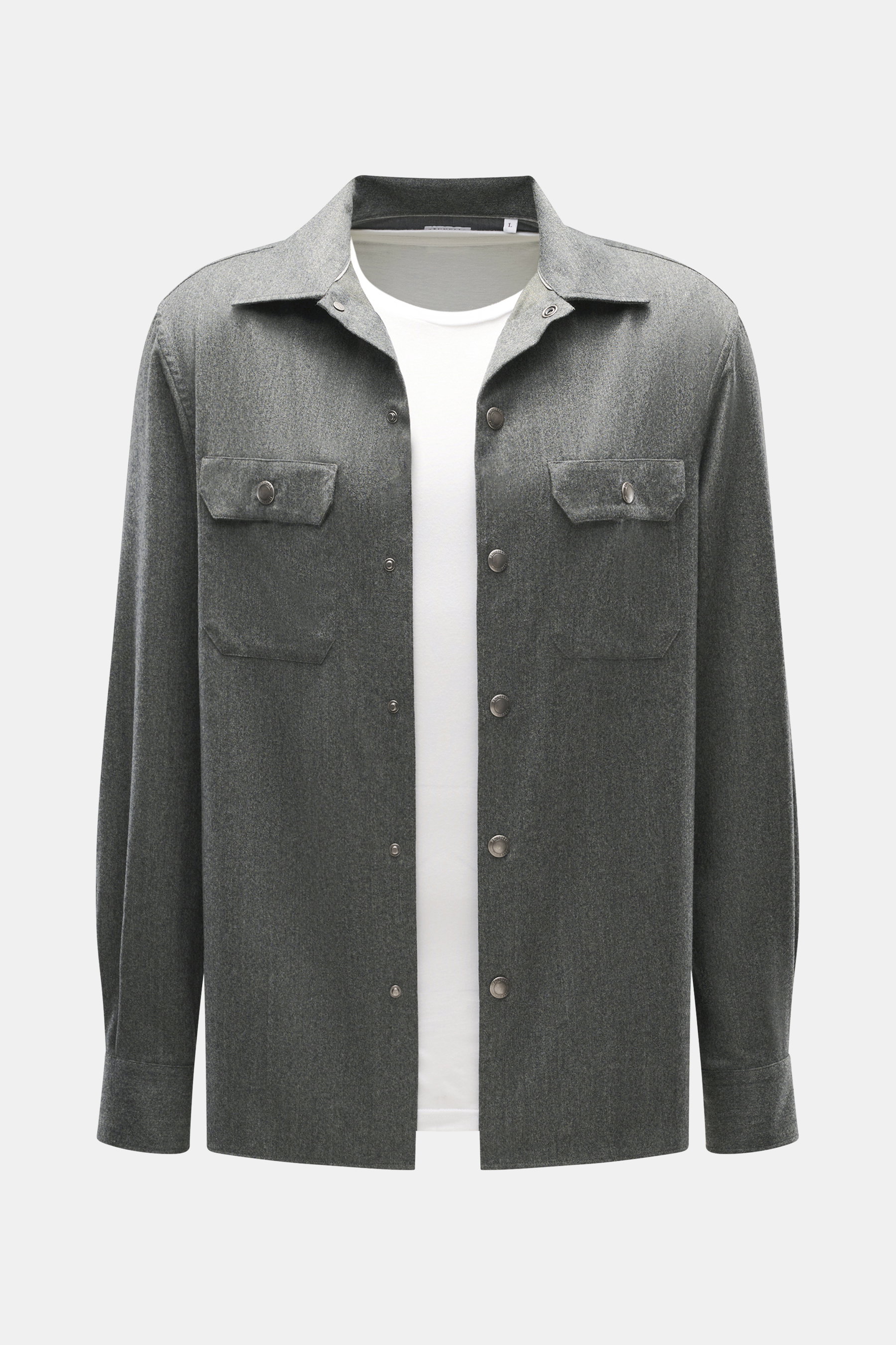 Brunello Cucinelli Overshirt graugrün meliert, frontale Nahaufnahme, reine Schurwolle, Slim Fit, Kent-Kragen, Brusttaschen, Druckknopfleiste, Sportmanschette.