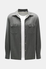 Brunello Cucinelli Overshirt graugrün meliert, frontale Nahaufnahme, reine Schurwolle, Slim Fit, Kent-Kragen, Brusttaschen, Druckknopfleiste, Sportmanschette.