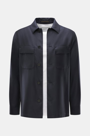 Front view of the Incotex Overshirt navy in a mix of virgin wool and silk, featuring fine twill structure, noble silk sheen, smooth touch, regular fit, five-button placket, turn-down collar, chest pockets with flap, and buttoned sleeve cuffs.