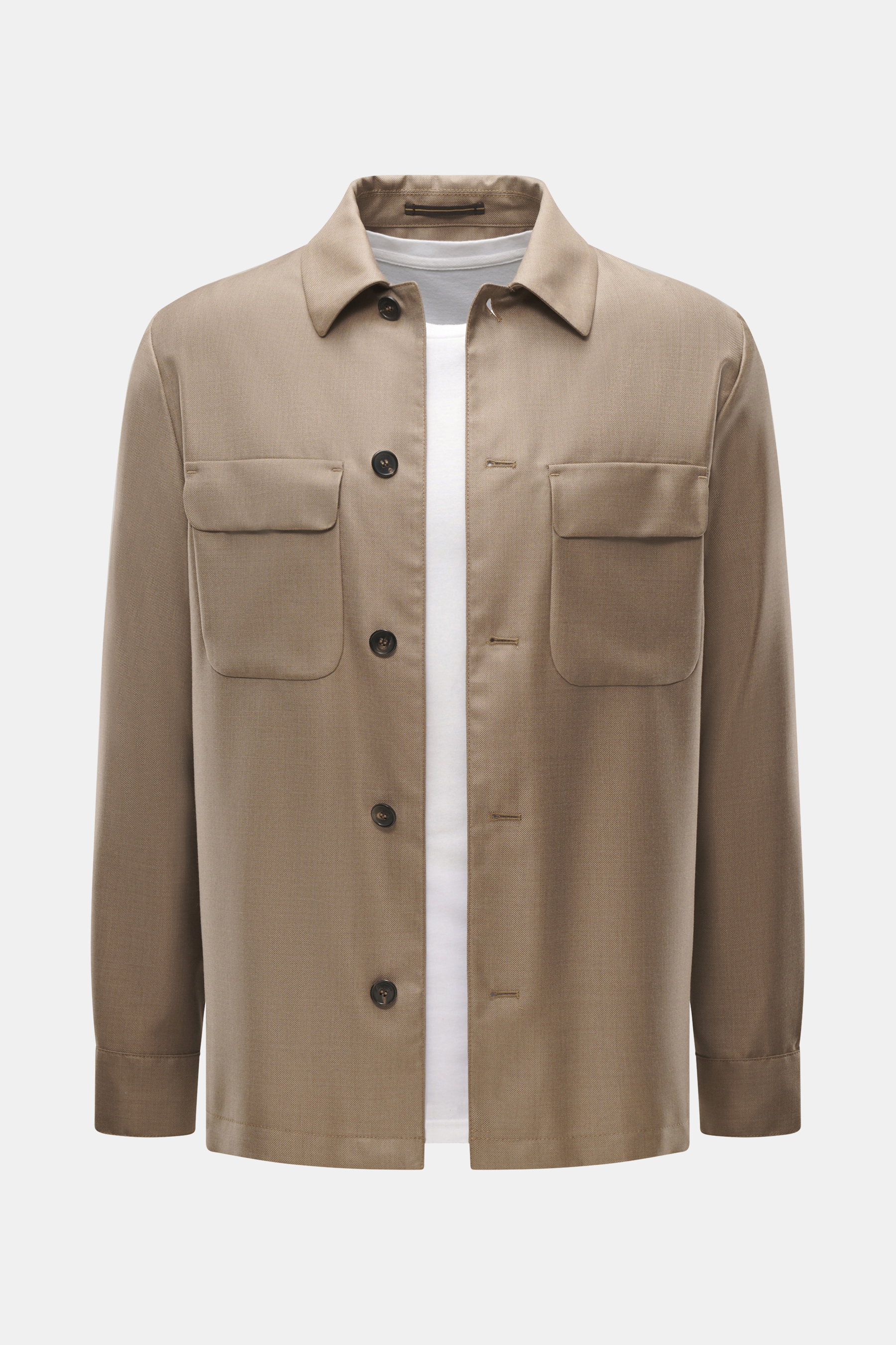 Incotex Overshirt braun, Vorderansicht, Mix aus Schurwolle und Seide, feine Twill-Struktur, edler Seidenglanz, Regular Fit, Umlegekragen, Brusttaschen mit Patte, Fünf-Knopf-Leiste, Ärmelabschlüsse mit Knopf, glatter Griff.