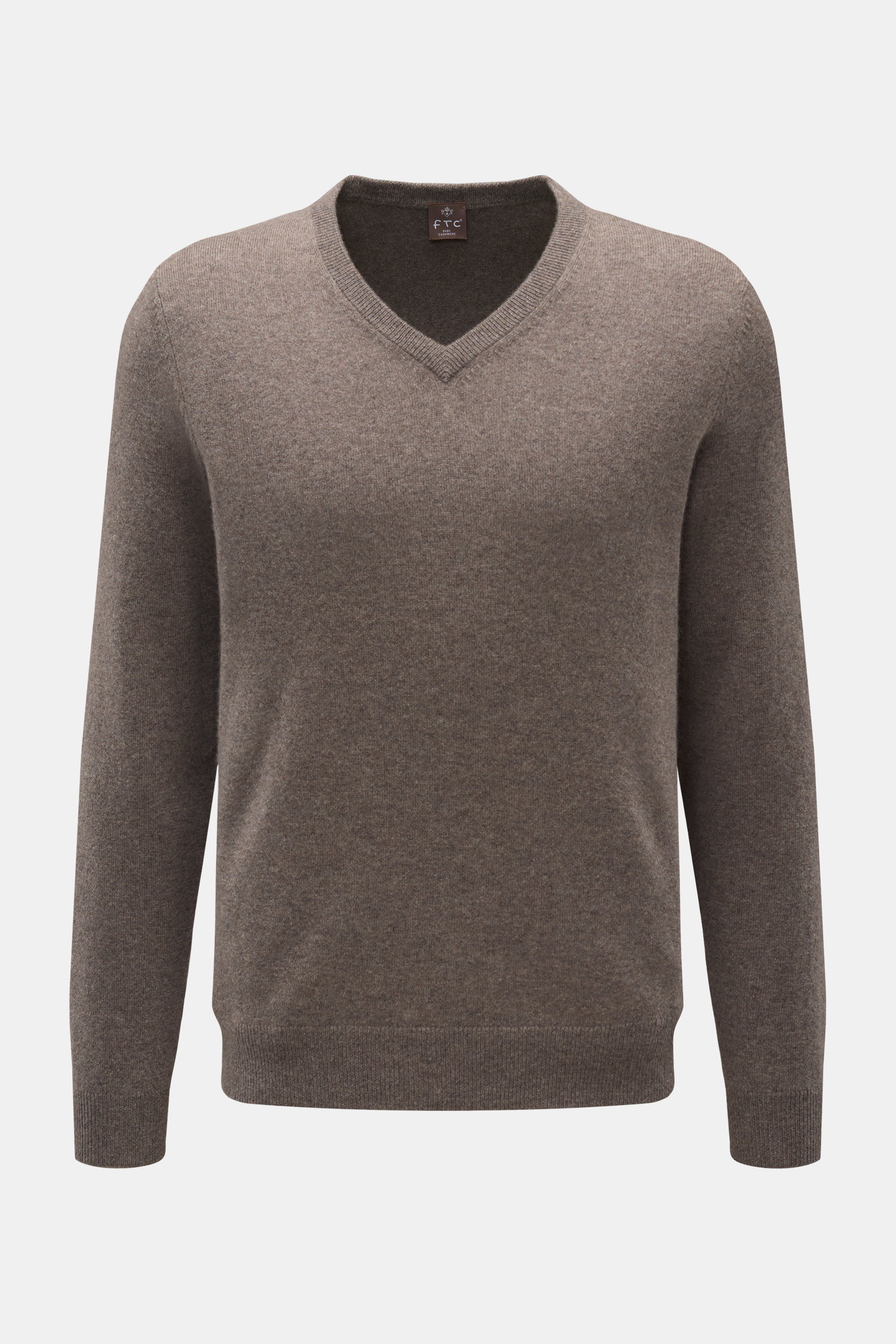 FTC Baby-Cashmere V-Neck Pullover graubraun meliert, Slim Fit, V-Ausschnitt, feines Strickbild, weicher Griff, Rippbündchen, frontale Ansicht.