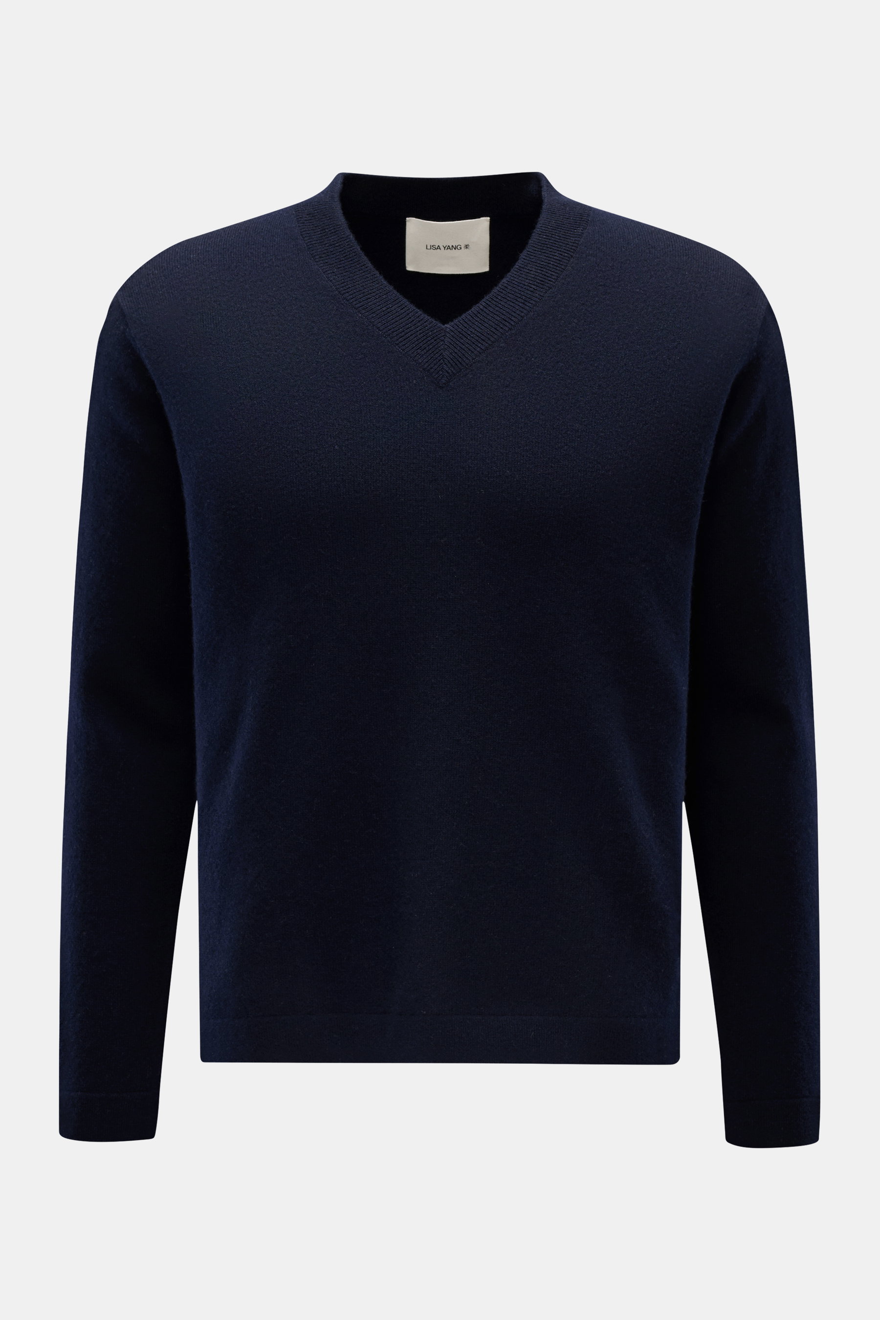 Lisa Yang Cashmere V-Neck-Pullover 'Clayton' navy, frontal fotografiert, Regular Fit, V-Ausschnitt in Rippstrick, weicher Griff, reine Cashmere-Qualität.