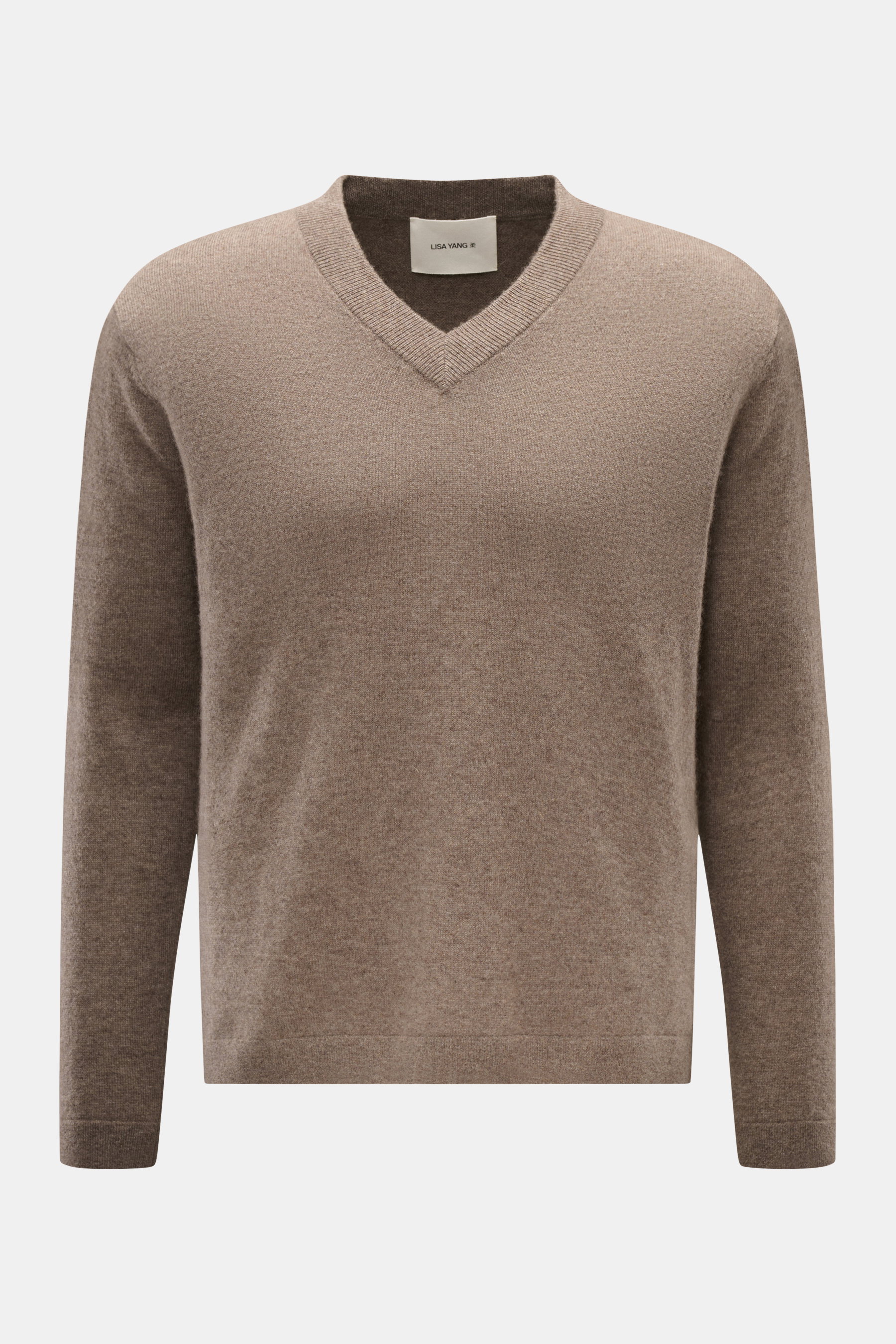 Lisa Yang Cashmere V-Neck-Pullover 'Clayton' taupe, frontal fotografiert, Regular Fit, reiner Cashmere, weicher Griff, V-Ausschnitt, mittelfeines Strickbild, kurze Saumschlitze.