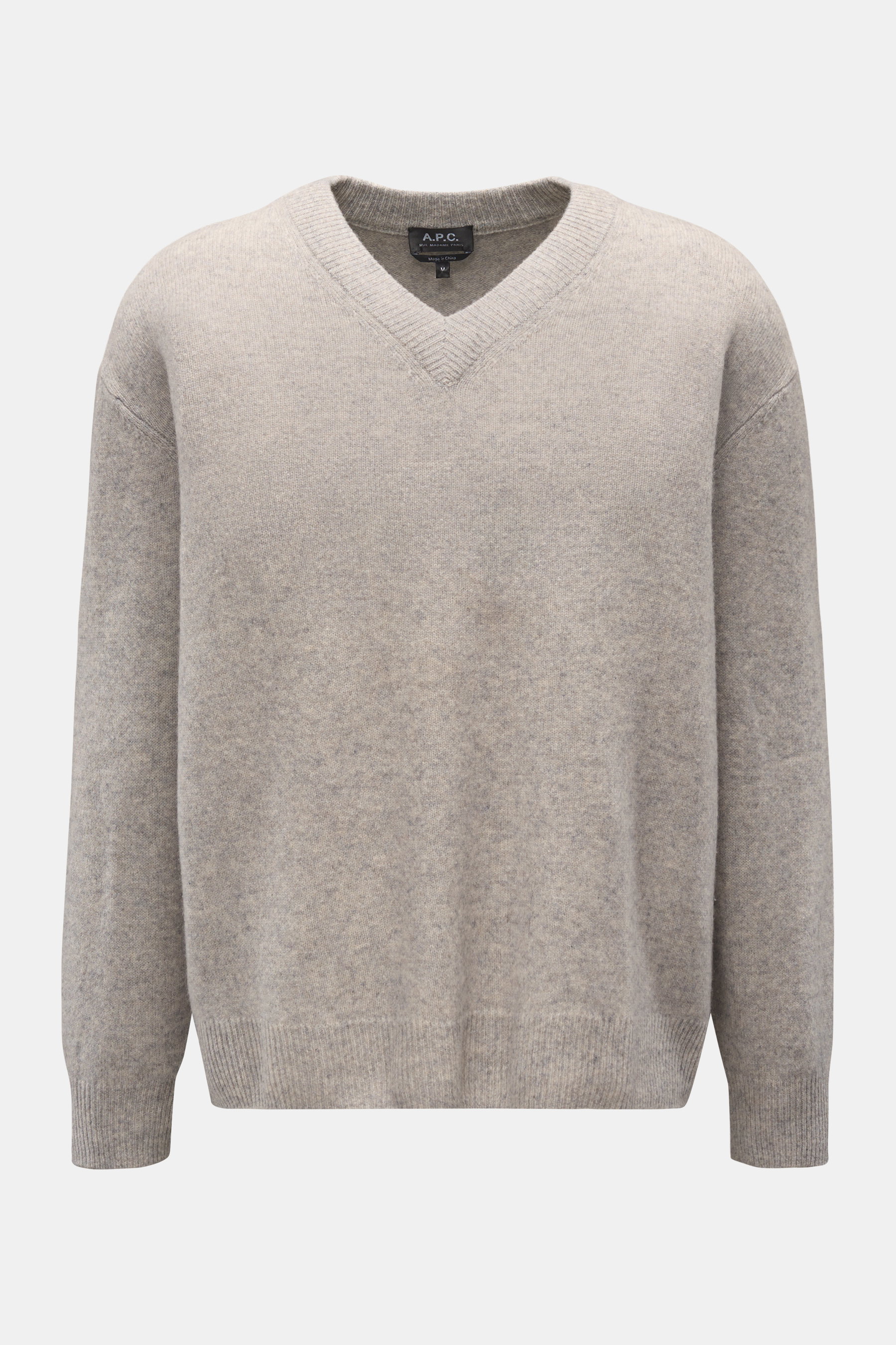 A.P.C. V-Neck Pullover "Pull Dany" grau meliert, frontale Ansicht, reine Yak-Wolle, weicher Griff, mittelfeines Strickbild, Slim Fit, flexible Rippbündchen.