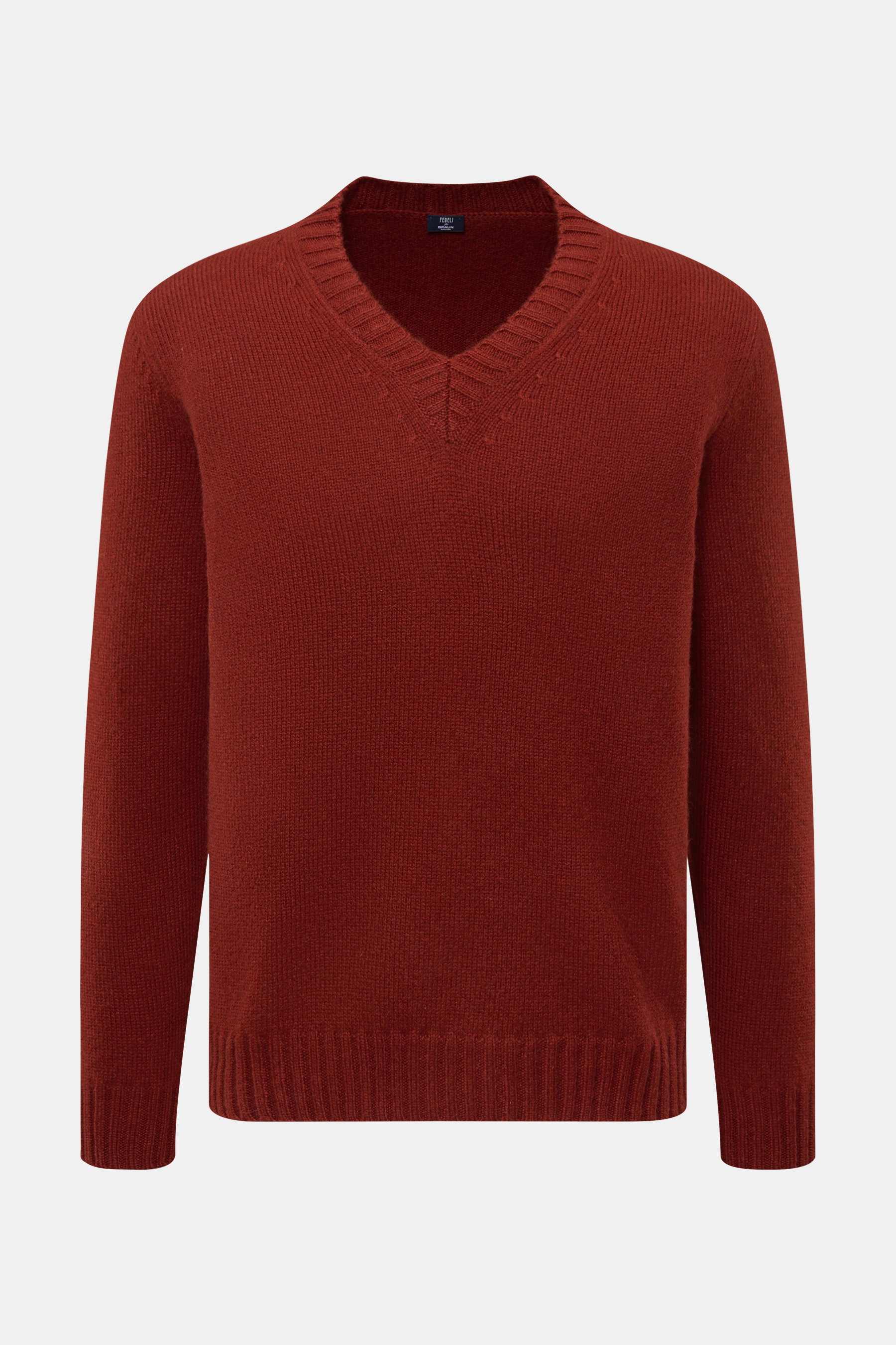 Fedeli V-Neck Pullover rotbraun, frontale Nahaufnahme, Slim Fit, voluminöses Cashmere-Mohair-Gemisch, breiter V-Ausschnitt, mittelfeines Strickbild, breite Rippbündchen, sehr weich.