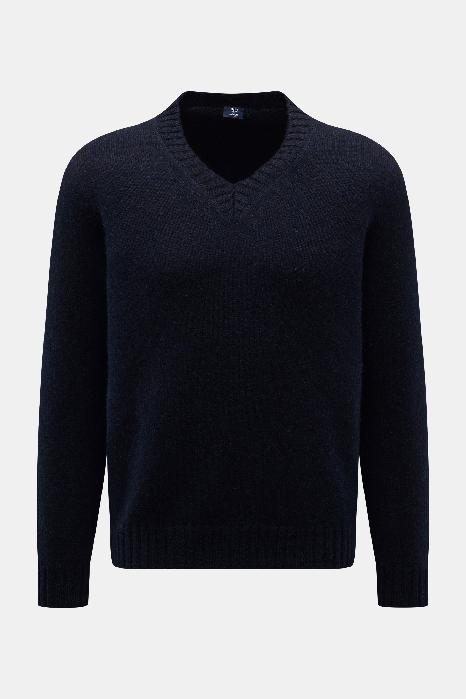 Fedeli V-Neck Pullover dark navy, frontal fotografiert, Slim Fit, voluminöses Cashmere-Mohair-Gemisch, weicher Griff, V-Ausschnitt, breite Rippbündchen.