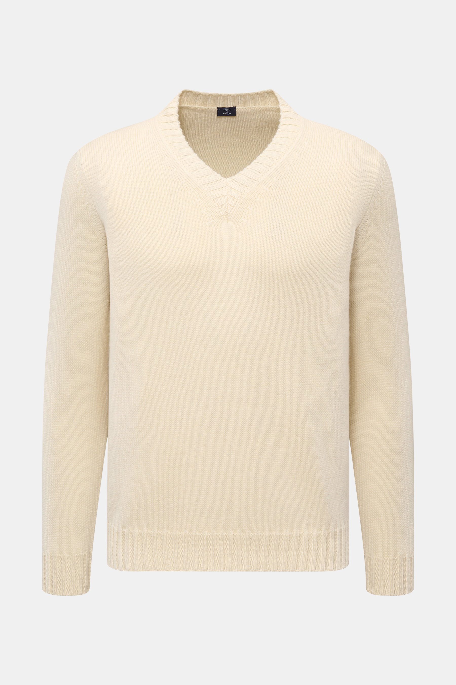 Fedeli V-Neck Pullover creme, frontale Nahaufnahme, voluminöses Cashmere-Mohair, weicher Griff, Slim Fit, breiter V-Ausschnitt, mittelfeines Strickbild, breite Rippbündchen.