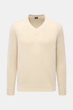 Fedeli V-Neck Pullover creme, frontale Nahaufnahme, voluminöses Cashmere-Mohair, weicher Griff, Slim Fit, breiter V-Ausschnitt, mittelfeines Strickbild, breite Rippbündchen.