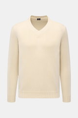 Fedeli V-Neck Pullover creme, frontale Nahaufnahme, voluminöses Cashmere-Mohair, weicher Griff, Slim Fit, breiter V-Ausschnitt, mittelfeines Strickbild, breite Rippbündchen.