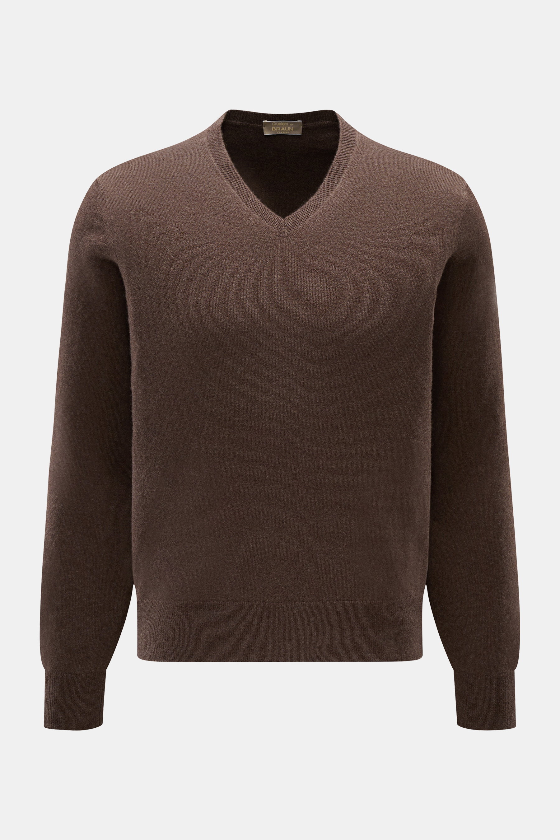 Cruciani Cashmere V-Neck Pullover braun, Slim Fit, aus reinem Cashmere mit feinem Strickbild und Rippbündchen, frontal fotografiert.