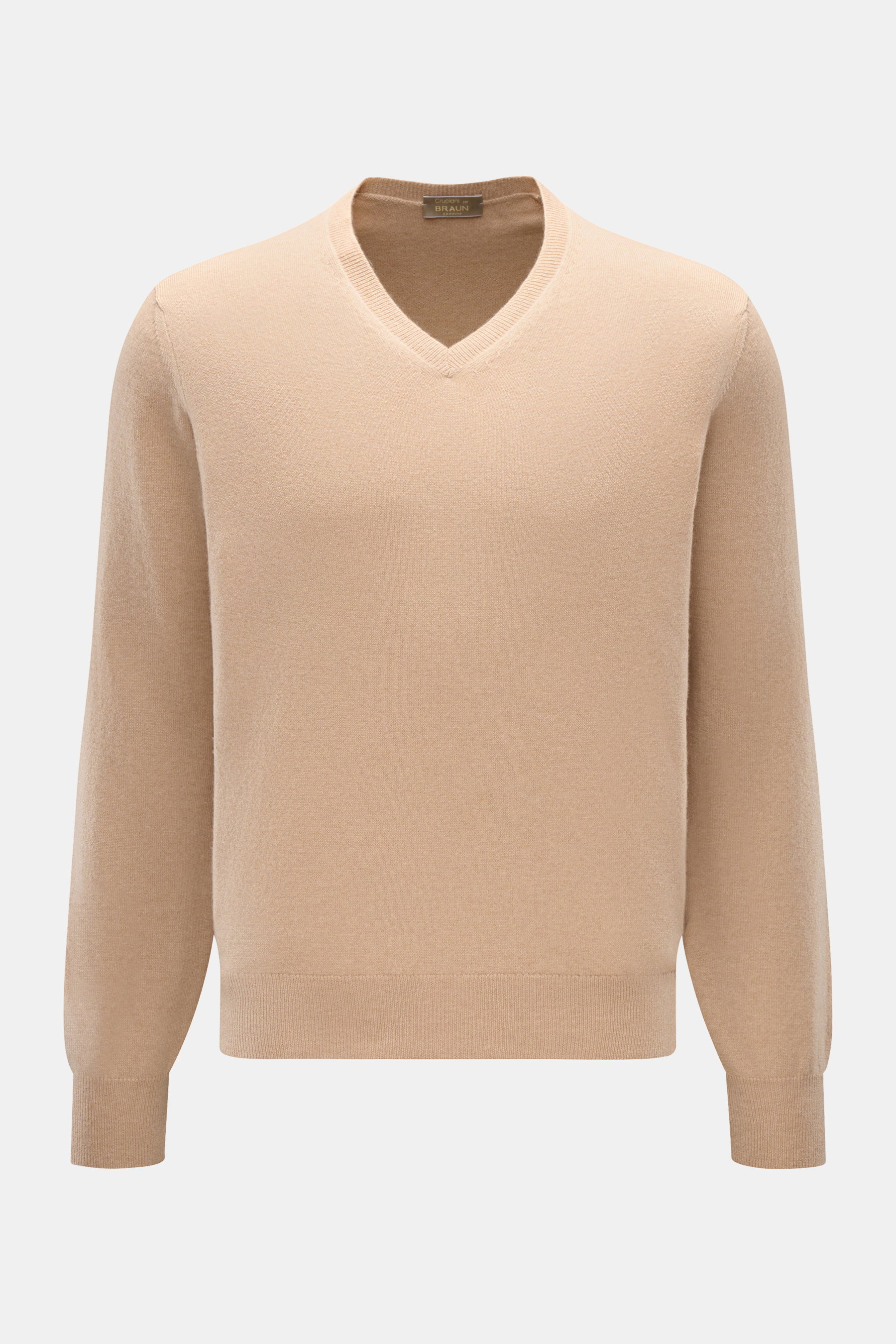 Cruciani Cashmere V-Neck Pullover beige, Slim Fit, aus reinem Cashmere mit feinem Strickbild, V-Ausschnitt, Rippbündchen, frontale Nahaufnahme.