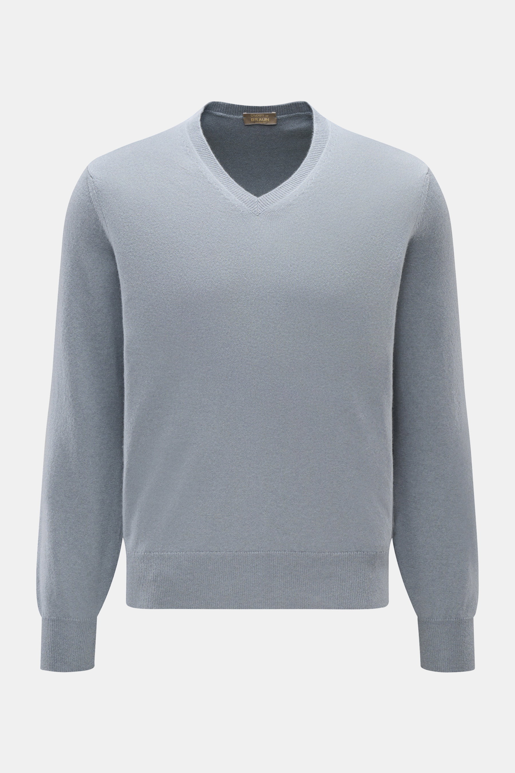 Cruciani Cashmere V-Neck Pullover rauchblau, Slim Fit, aus reinem Cashmere mit feinem Strickbild, V-Ausschnitt, Rippbündchen, frontale Aufnahme.