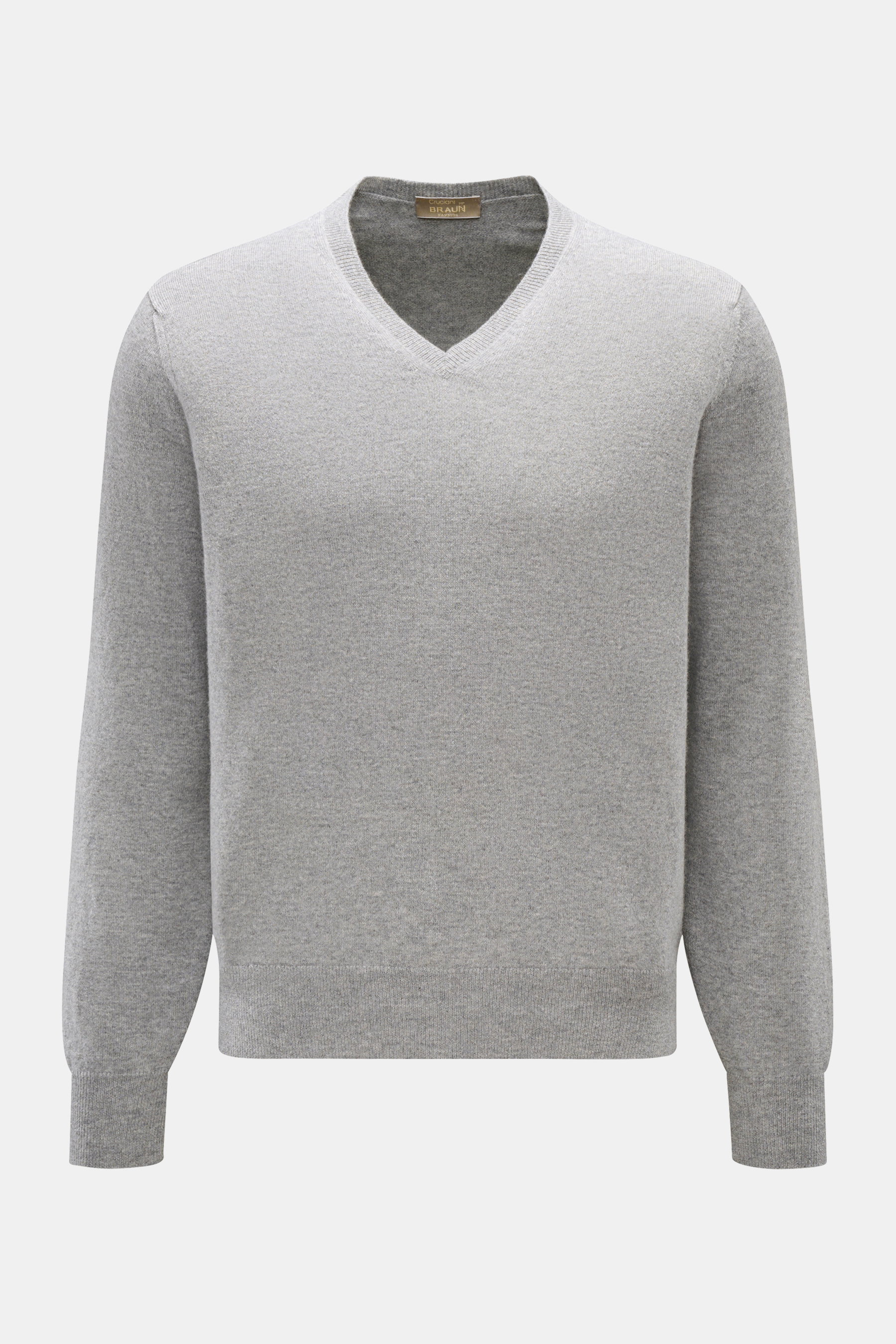 Cruciani Cashmere V-Neck Pullover grau meliert, frontal fotografiert, Slim Fit mit V-Ausschnitt, feinem Strickbild, Rippbündchen, reiner Cashmere.