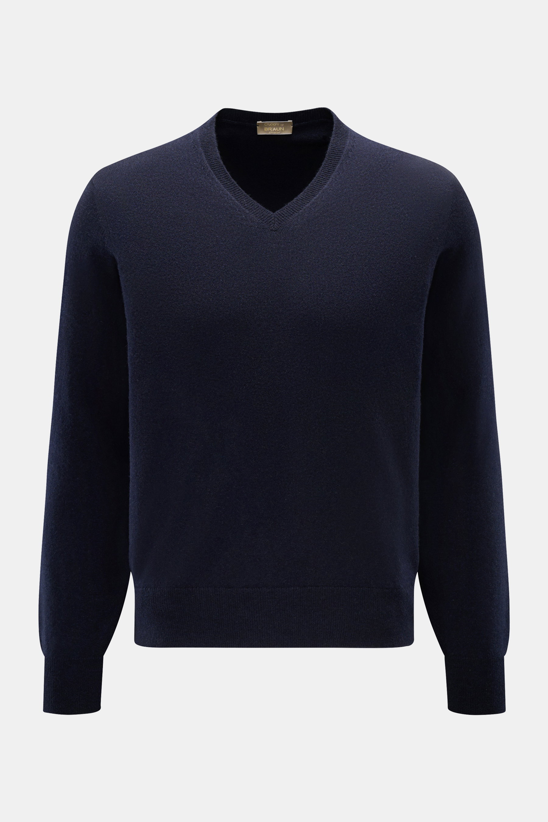 Cruciani Cashmere V-Neck Pullover navy, Slim Fit, feines Strickbild, V-Ausschnitt, geschmeidiger Griff, Rippbündchen, frontal fotografiert.