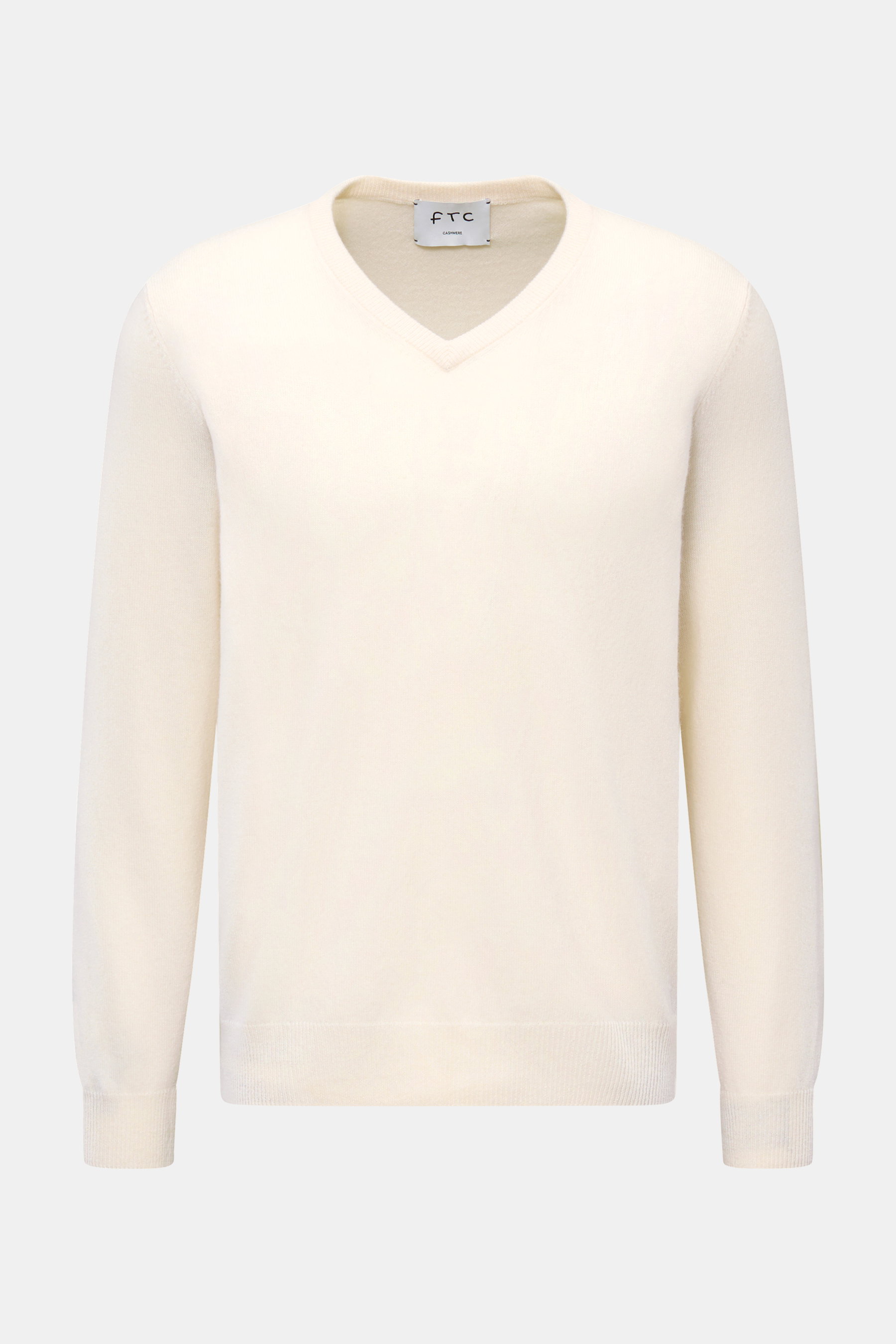 FTC Cashmere V-Neck Pullover offwhite, Frontansicht, Slim Fit, reiner Fair-Trade-Cashmere, weicher Griff, feines Strickbild, V-Ausschnitt, Rippbündchen.