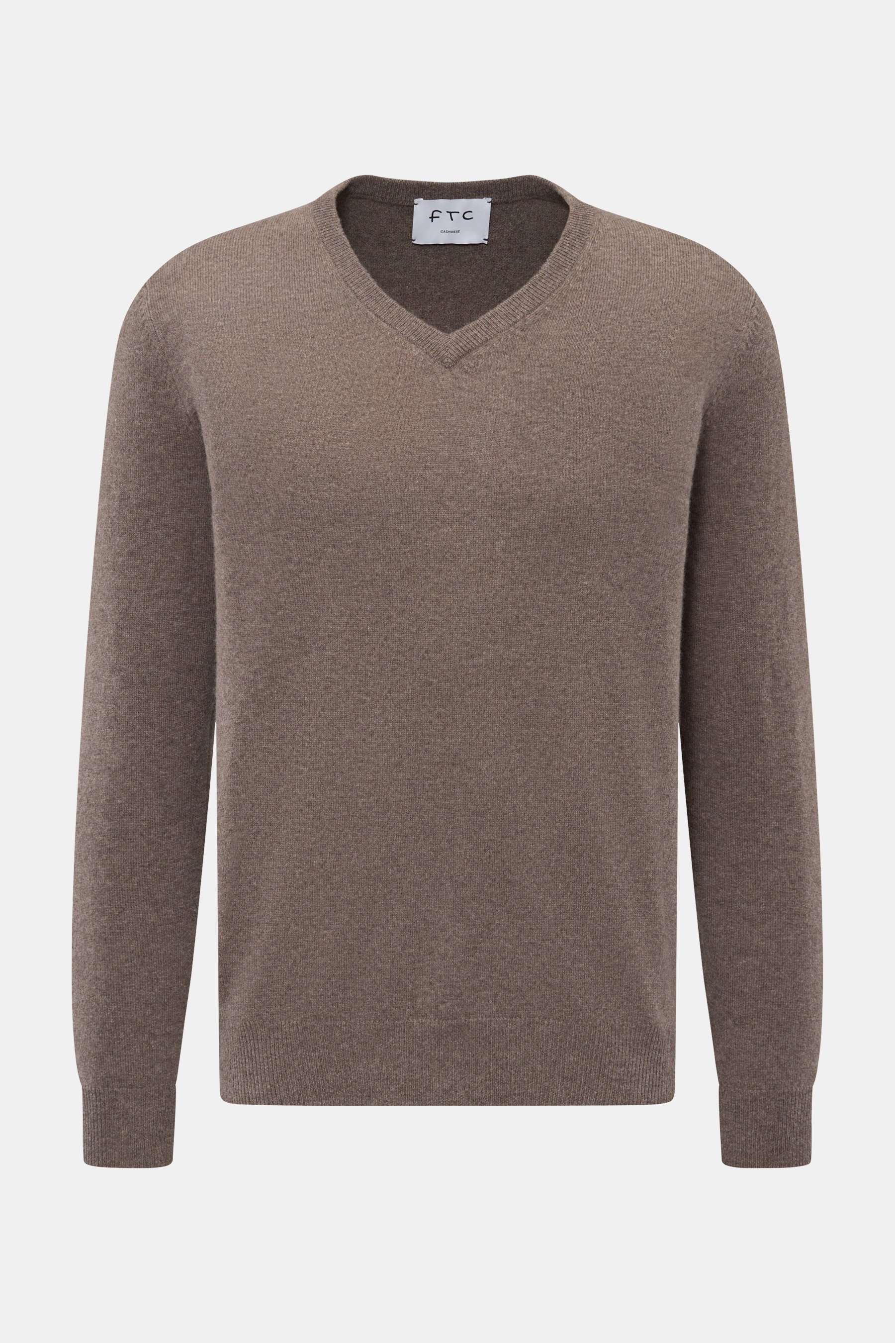FTC Cashmere V-Neck Pullover graubraun, Slim Fit, nachhaltiger Fair-Trade-Cashmere, weicher Griff, feines Strickbild, V-Ausschnitt, Rippbündchen, Frontansicht.