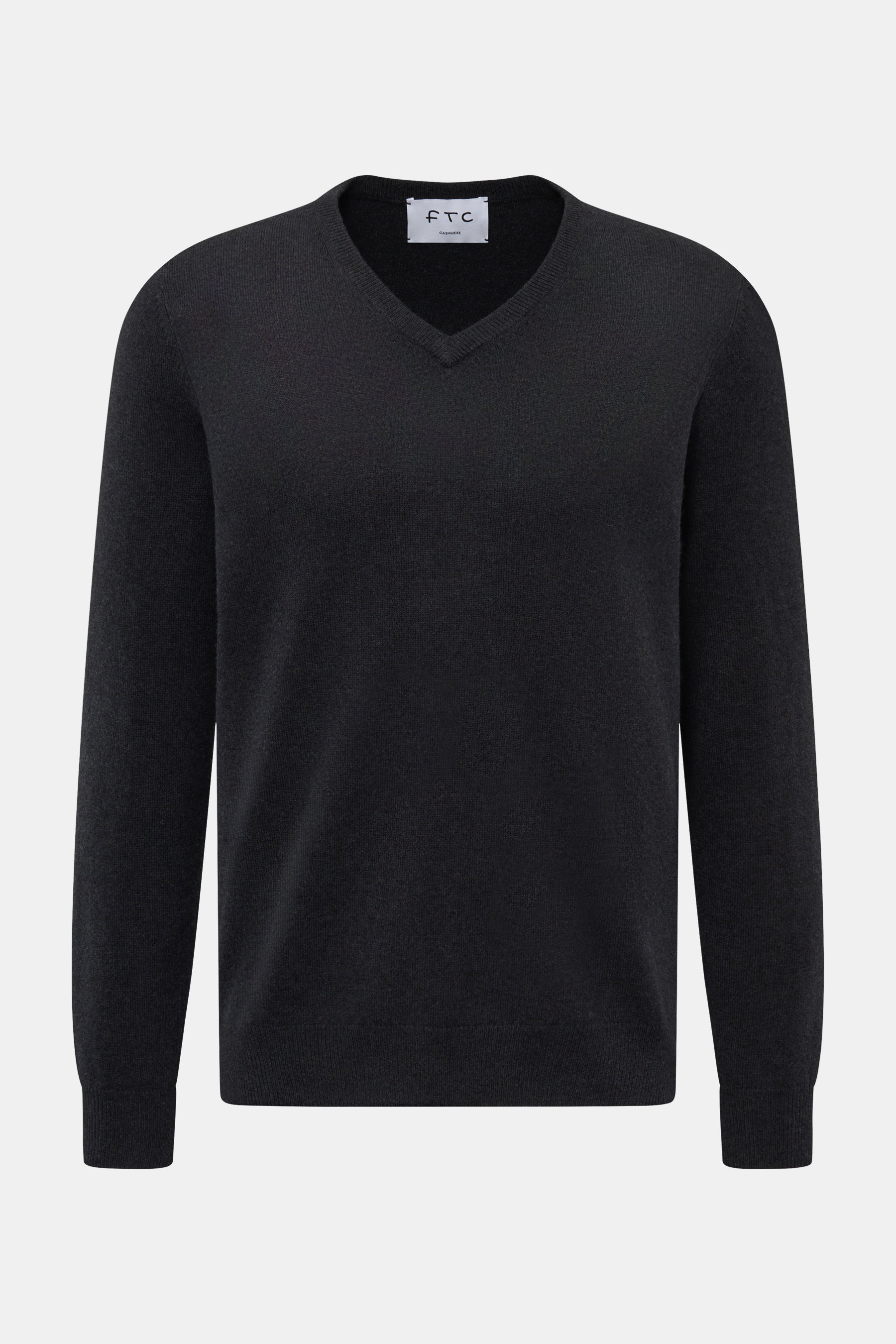 FTC Cashmere V-Neck Pullover anthrazit, frontale Ansicht, Slim Fit, V-Ausschnitt, weicher Fair-Trade-Cashmere, feines Strickbild, Rippbündchen.