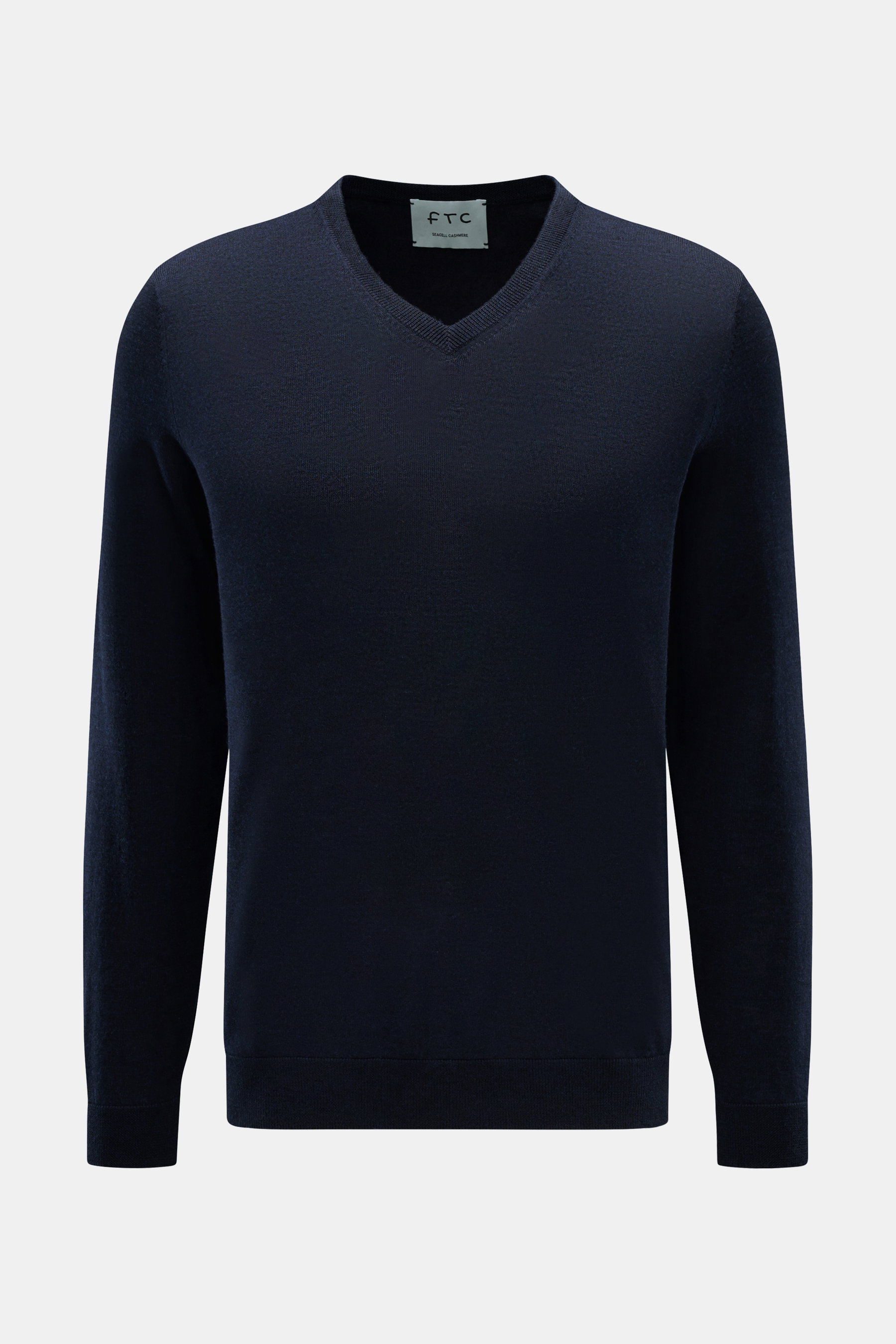 FTC Feinstrick V-Neck Pullover navy, Slim Fit, feines Strickbild, V-Ausschnitt, Rippbündchen, aus weichem Cashmere und Lyocell, Frontansicht.