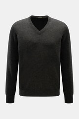 Gran Sasso V-Neck Pullover anthrazit meliert, frontal fotografiert, softer Mix aus Wolle, Viskose, Cashmere, Regular Fit, feines Strickbild, Rippbündchen.