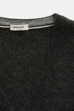 Gran Sasso V-Neck Pullover anthrazit meliert, Nahaufnahme von oben, softer Materialmix aus Wolle, Viskose, Cashmere, feines Strickbild, Rippbündchen.