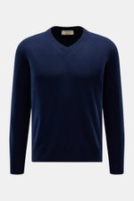 Fioroni Cashmere V-Neck Pullover navy, frontale Ansicht, Slim Fit, reiner Baby-Cashmere, sehr weich, feines Strickbild, flexible Rippbündchen, Luxus spürbar.