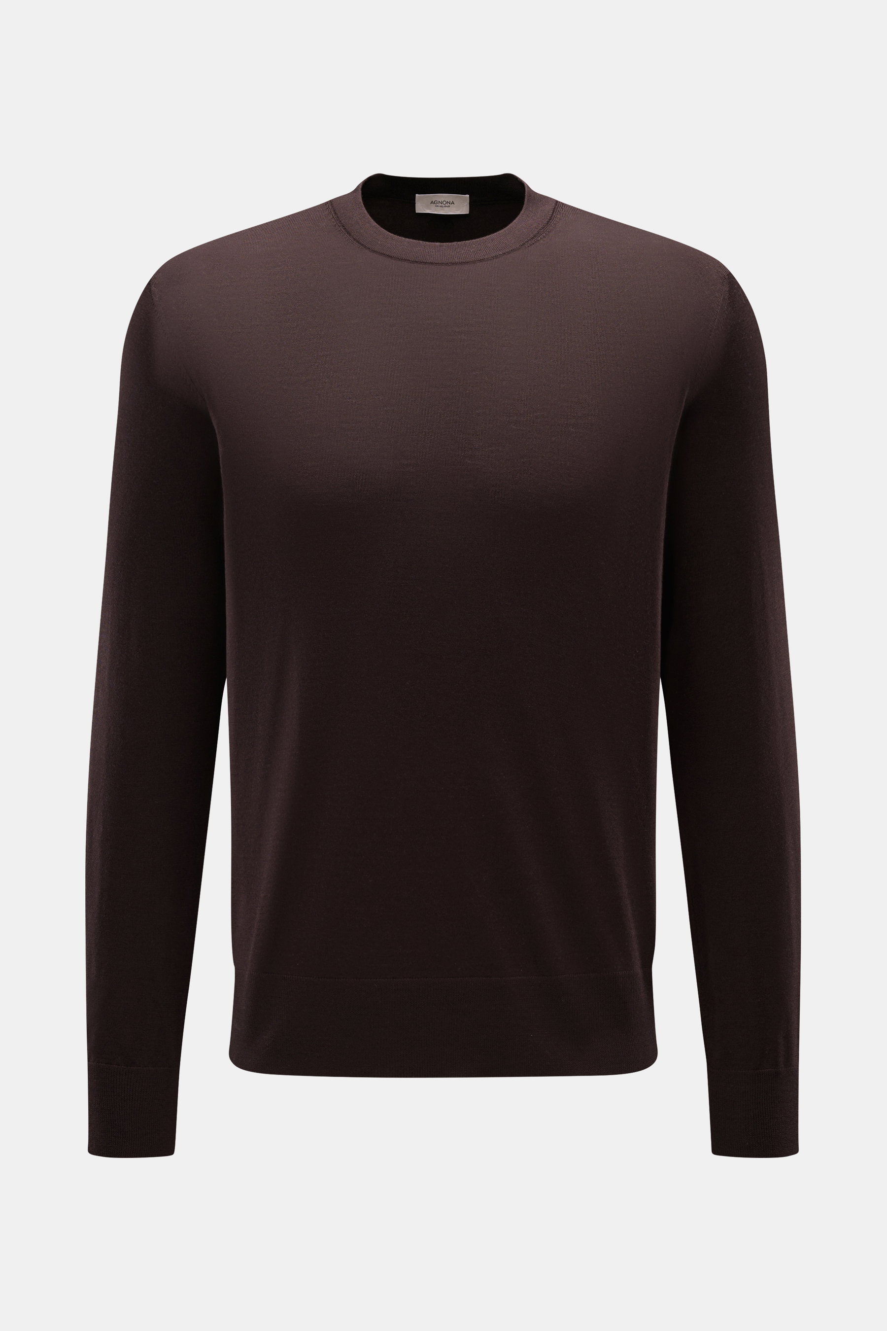 Agnona Rundhalspullover dunkelbraun shown from the front on a plain background, a slim fit round neck sweater made of pure wool with soft touch, fine knit, ribbed cuffs, and a rear Agnona metal label; stylish layering piece for spring.