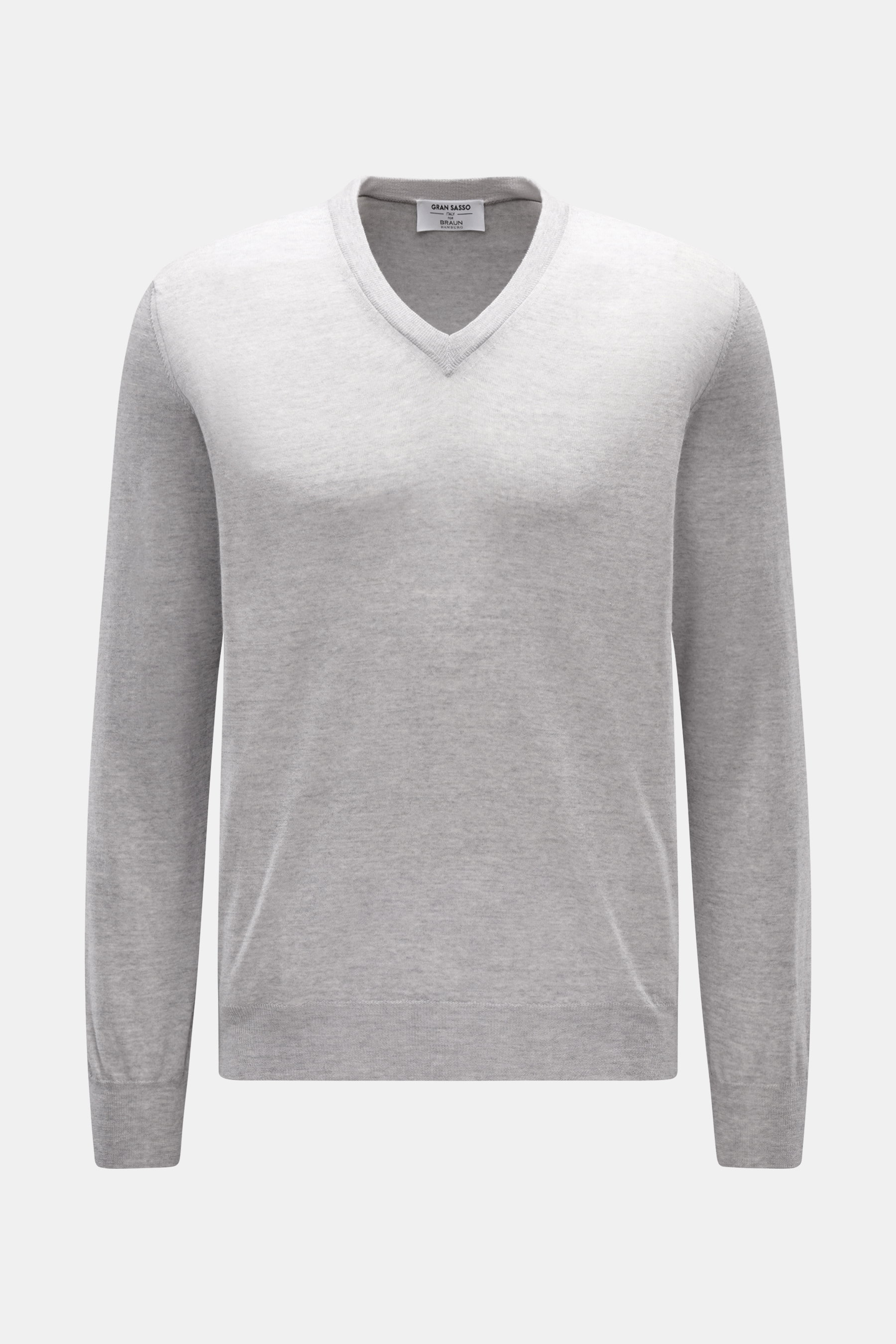 Gran Sasso V-Neck Pullover grau meliert, Slim Fit, feiner Strick aus reiner Wolle, weicher Griff, leichte Qualität, V-Ausschnitt, Rippbündchen, Frontansicht.