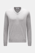 Gran Sasso V-Neck Pullover grau meliert, Slim Fit, feiner Strick aus reiner Wolle, weicher Griff, leichte Qualität, V-Ausschnitt, Rippbündchen, Frontansicht.